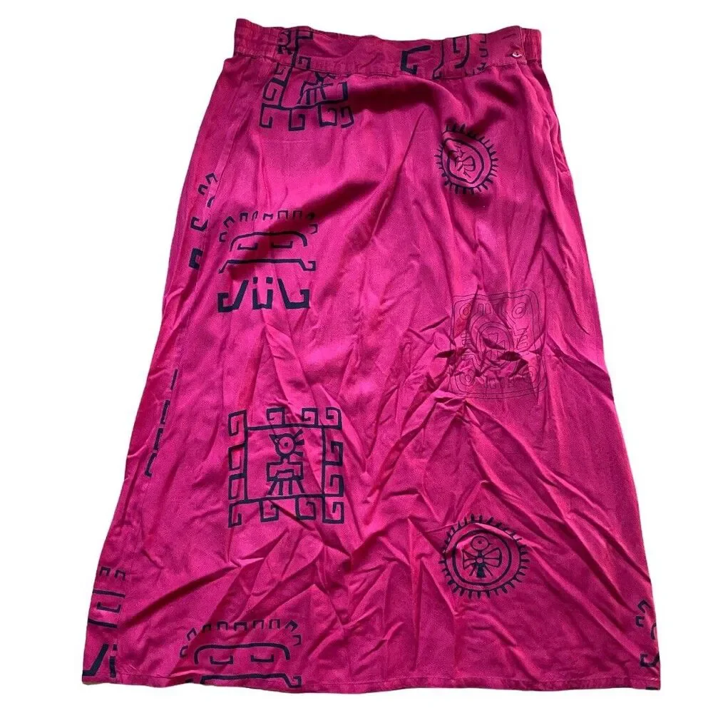 Vintage Essence By Mail Burgundy Red Skirt Long Boho Aztec Tribal Art Print sz L